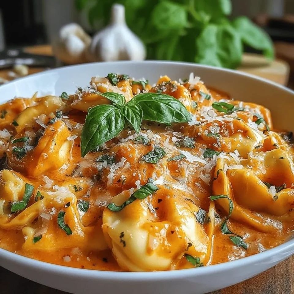 Bowl of cheese-filled pasta coated in orange sauce, topped with grated cheese and fresh basil, with garlic and herbs in the background.